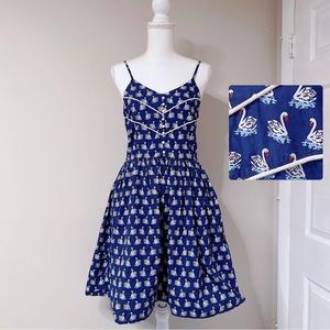Swan Print Smocked Pocket Sleeveless Dress